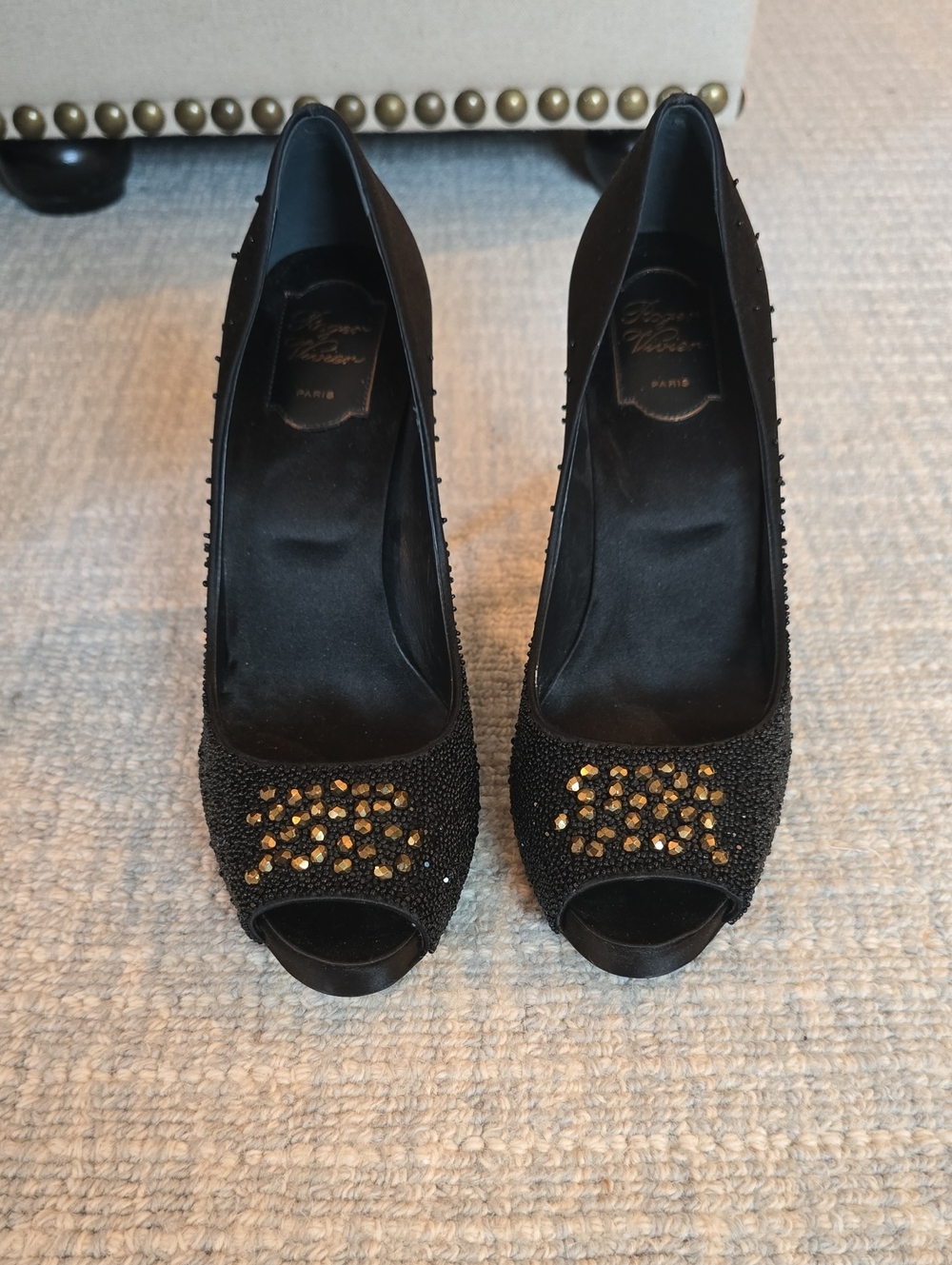 Roger Vivier Black Peep-Toe Crystal-Embellished Pumps